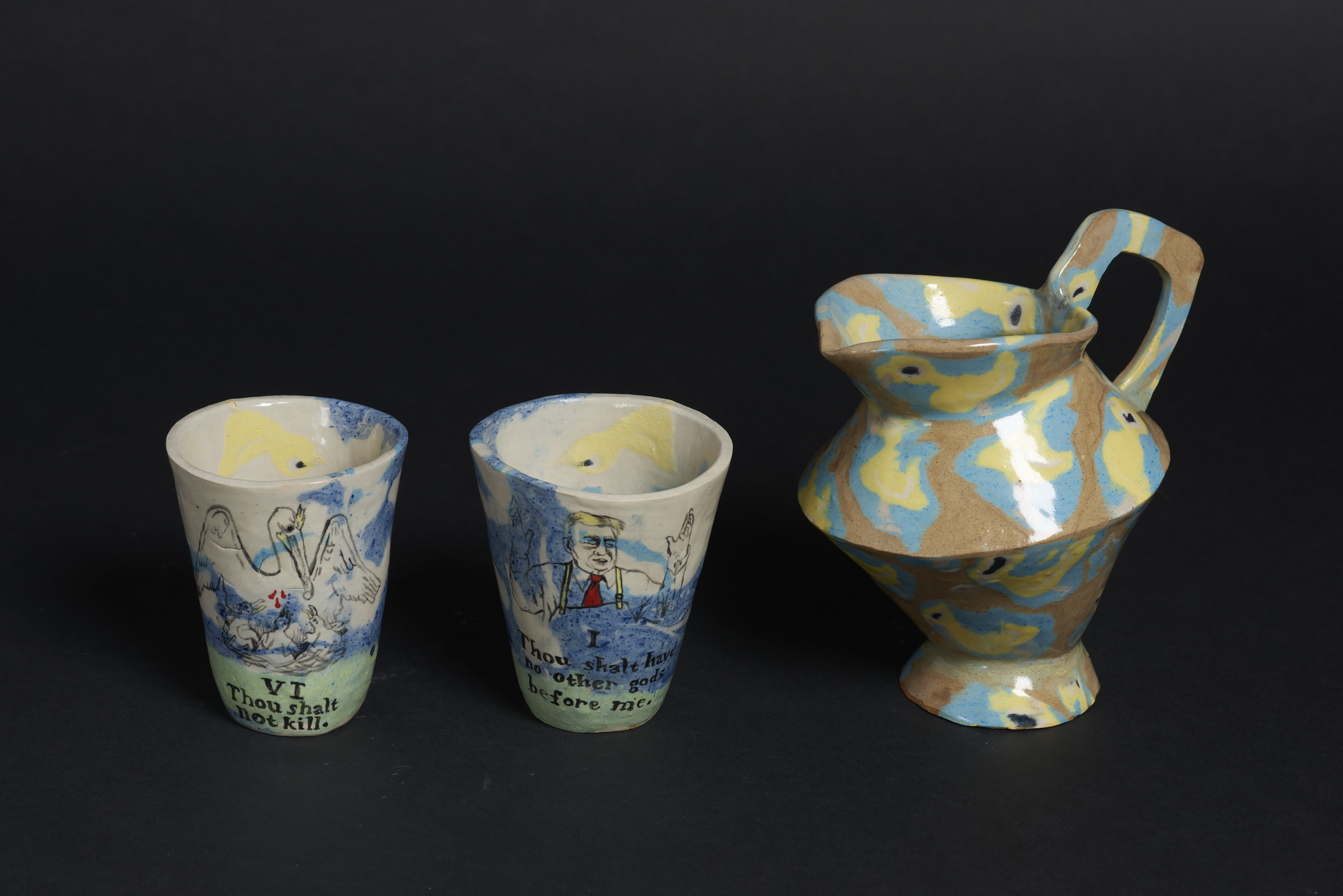 pitcher set with trump face and ducks